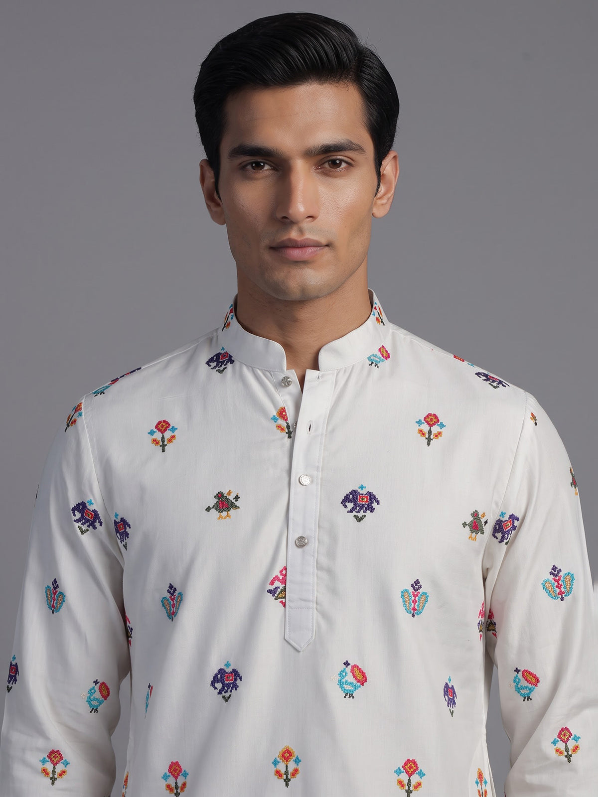 White cotton silk elephant motif festive chinese collar kurta for men