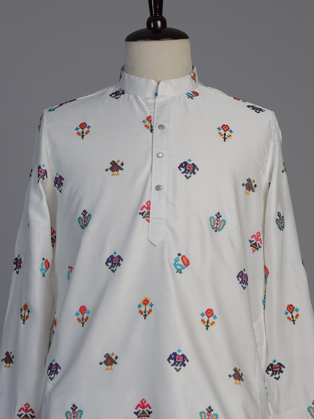White cotton silk elephant motif festive chinese collar kurta for men