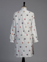 White cotton silk elephant motif festive chinese collar kurta for men