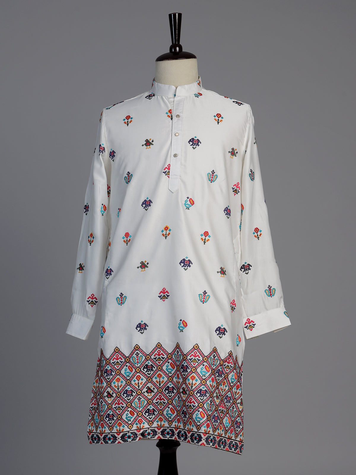 White cotton silk elephant motif festive chinese collar kurta for men