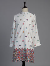 White cotton silk elephant motif festive chinese collar kurta for men