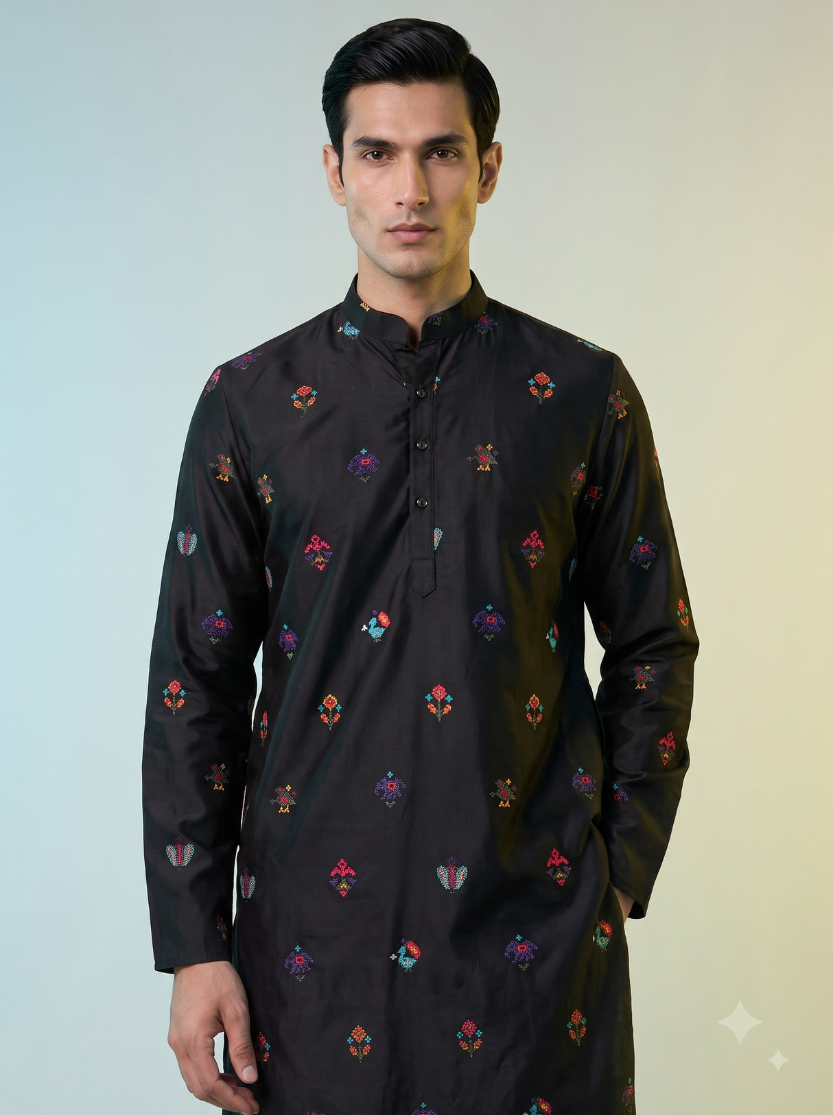 Black cotton silk elephant motif festive chinese collar kurta for men