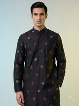 Black cotton silk elephant motif festive chinese collar kurta for men