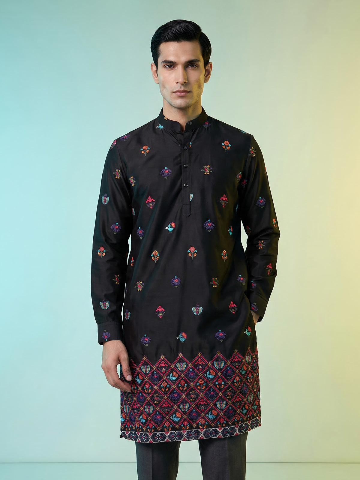 Black cotton silk elephant motif festive chinese collar kurta for men