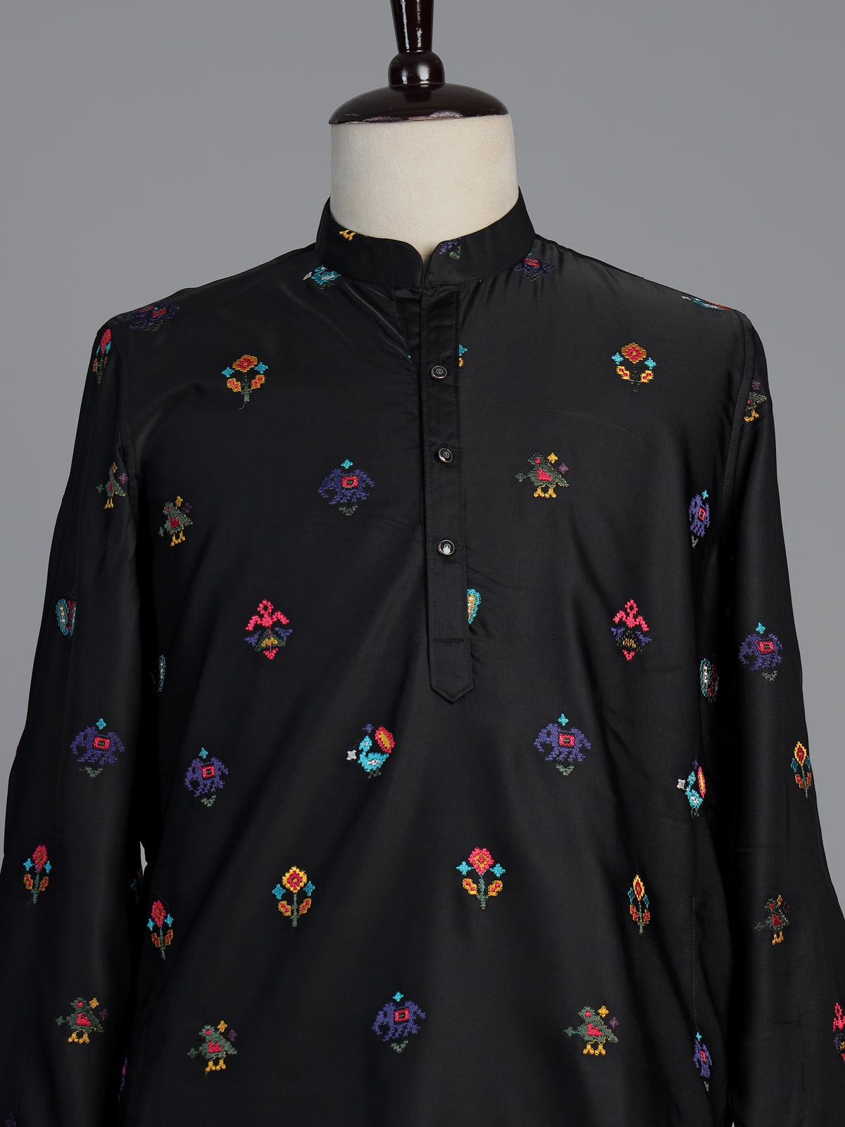 Black cotton silk elephant motif festive chinese collar kurta for men
