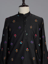Black cotton silk elephant motif festive chinese collar kurta for men