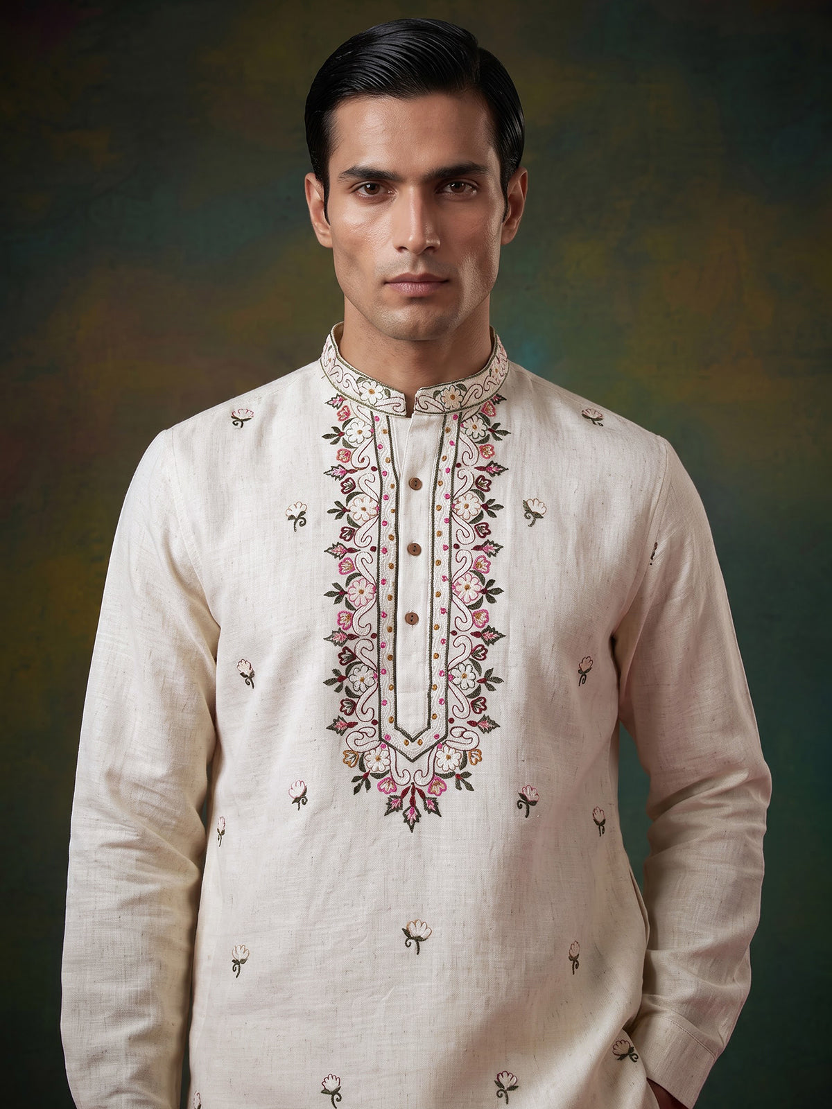 Off white linen embroidered butti festive wear kurta for men