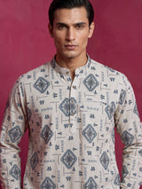 Beige and blue printed cotton linen shirt style festive kurta for men