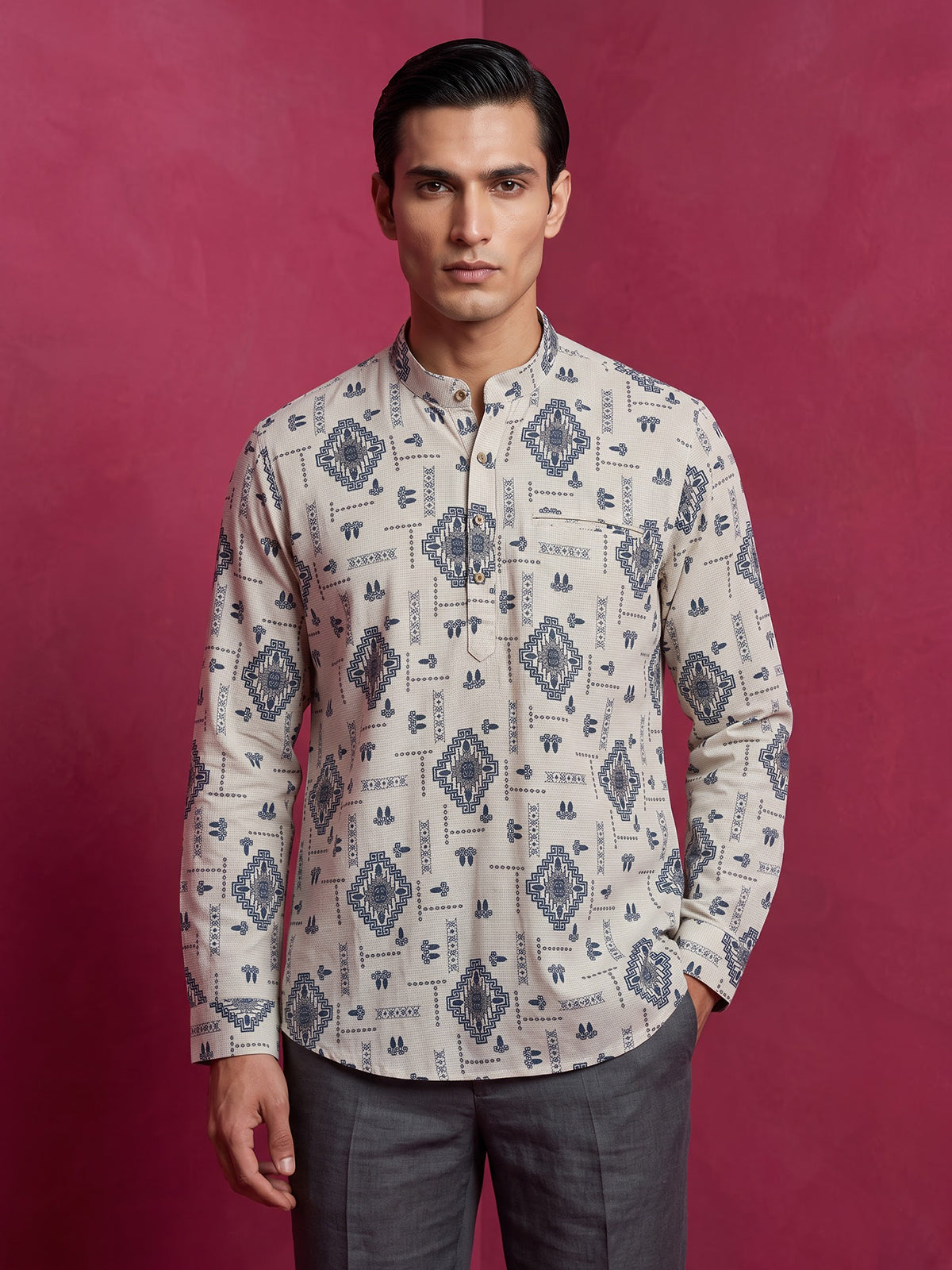 Beige and blue printed cotton linen shirt style festive kurta for men