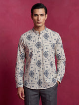 Beige and blue printed cotton linen shirt style festive kurta for men