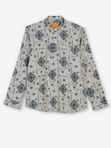 Beige and blue printed cotton linen shirt style festive kurta for men