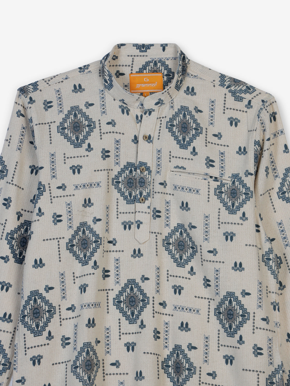 Beige and blue printed cotton linen shirt style festive kurta for men