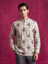 Beige and brown printed cotton linen shirt style festive kurta for men