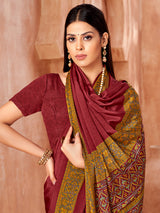 Maroon printed contrast border and pallu crepe silk saree