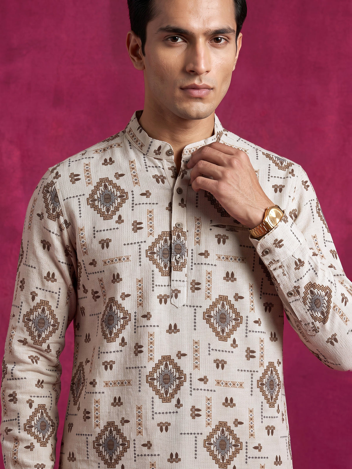 Beige and brown printed cotton linen shirt style festive kurta for men