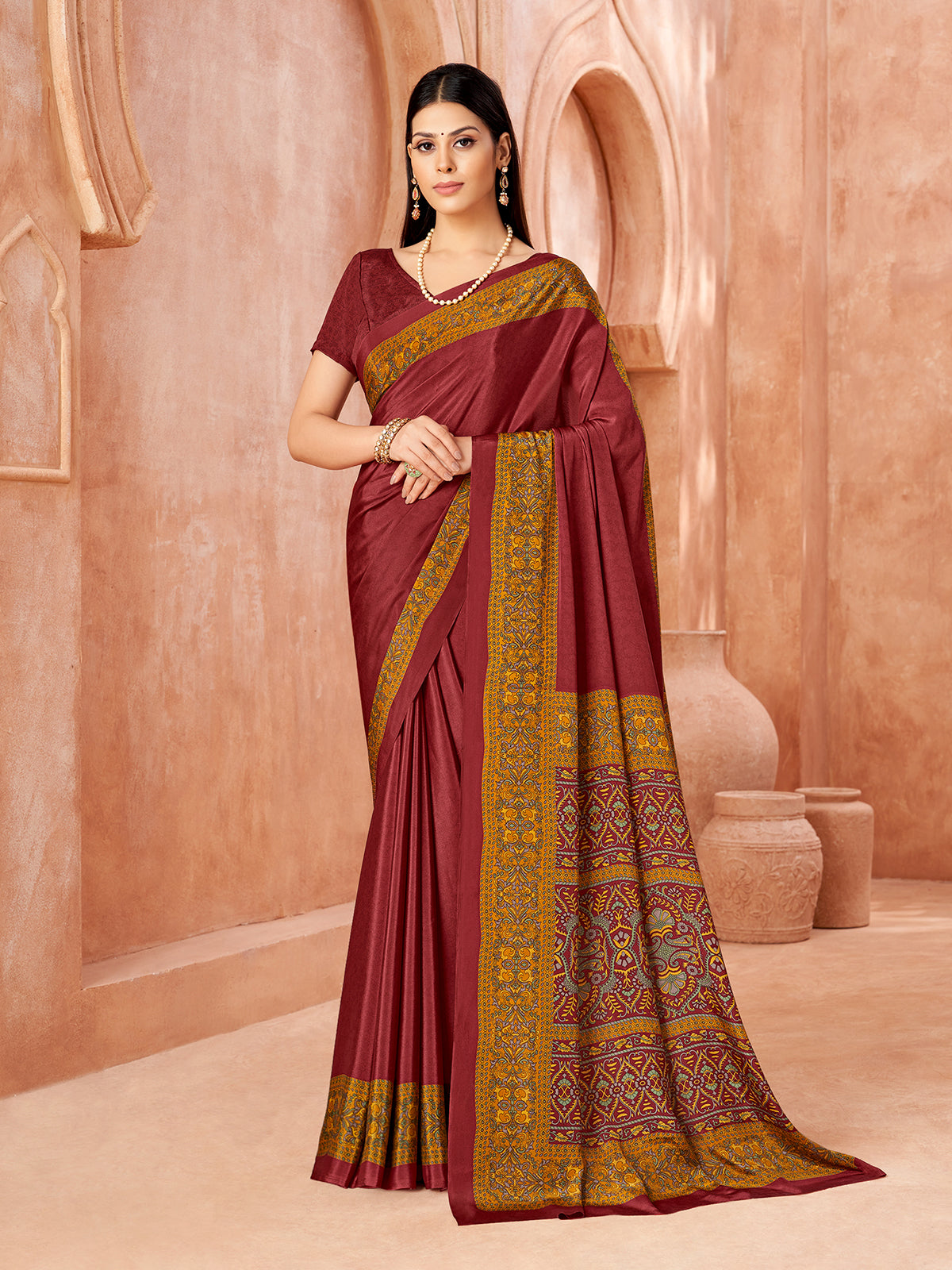 Maroon printed contrast border and pallu crepe silk saree