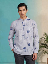 White cotton blue floral printed linen festive shirt style kurta for men