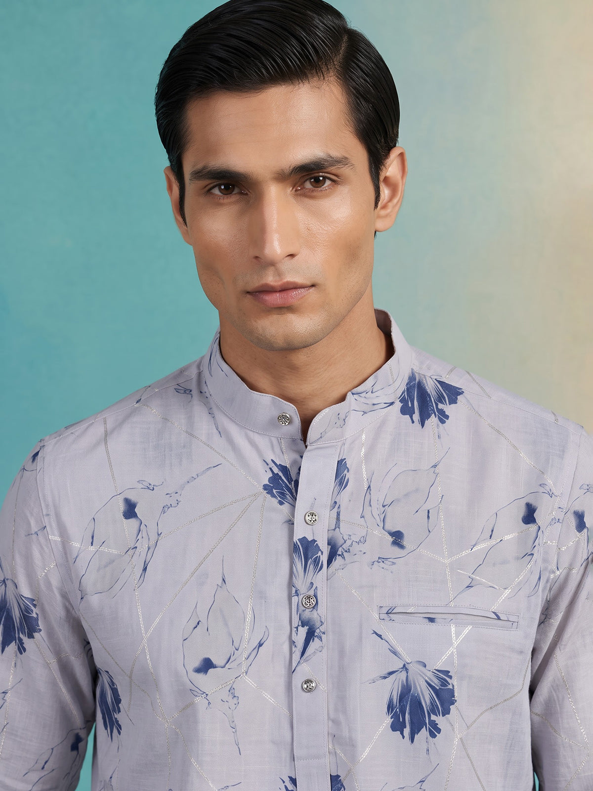 White cotton blue floral printed linen festive shirt style kurta for men