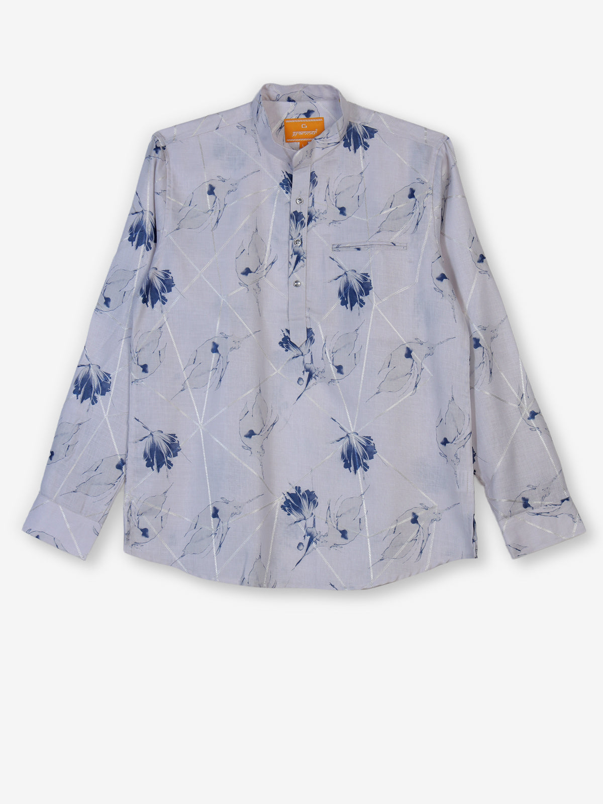 White cotton blue floral printed linen festive shirt style kurta for men