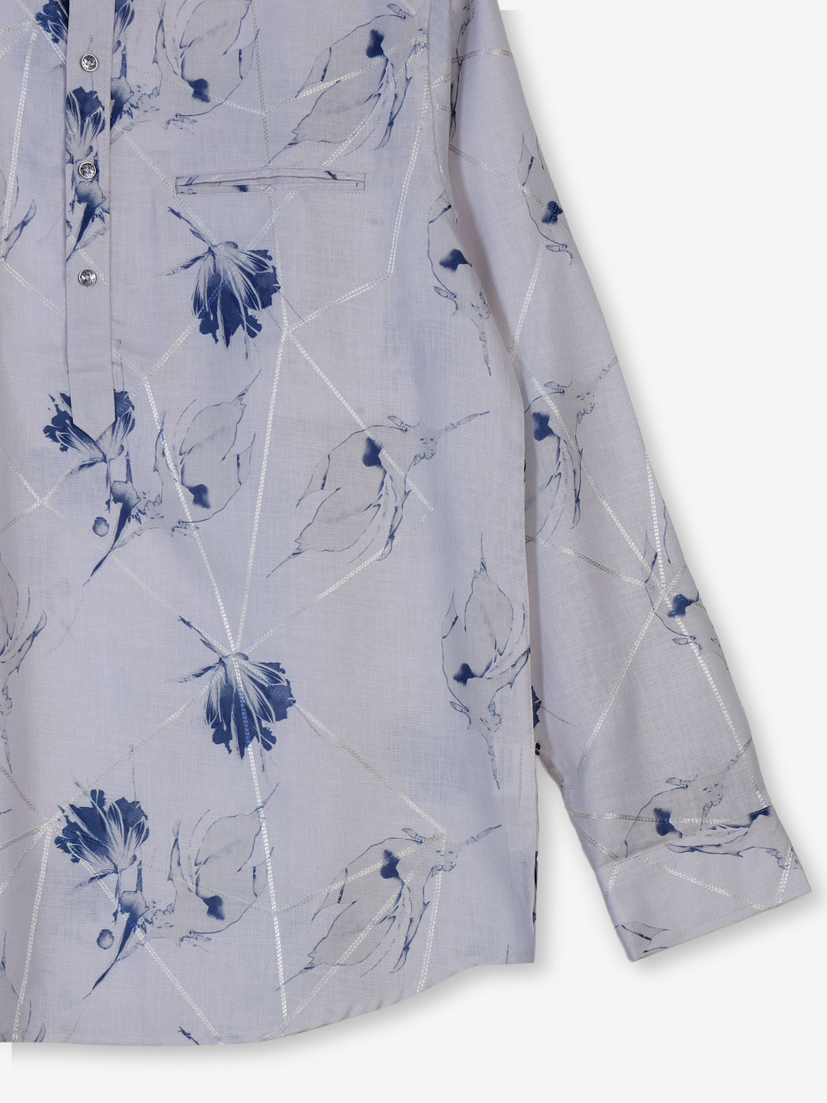 White cotton blue floral printed linen festive shirt style kurta for men