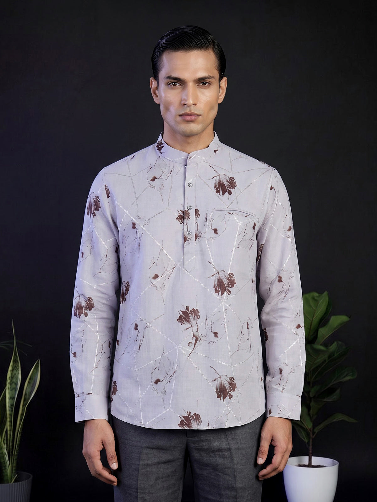 White cotton linen brown floral printed festive shirt style kurta for men