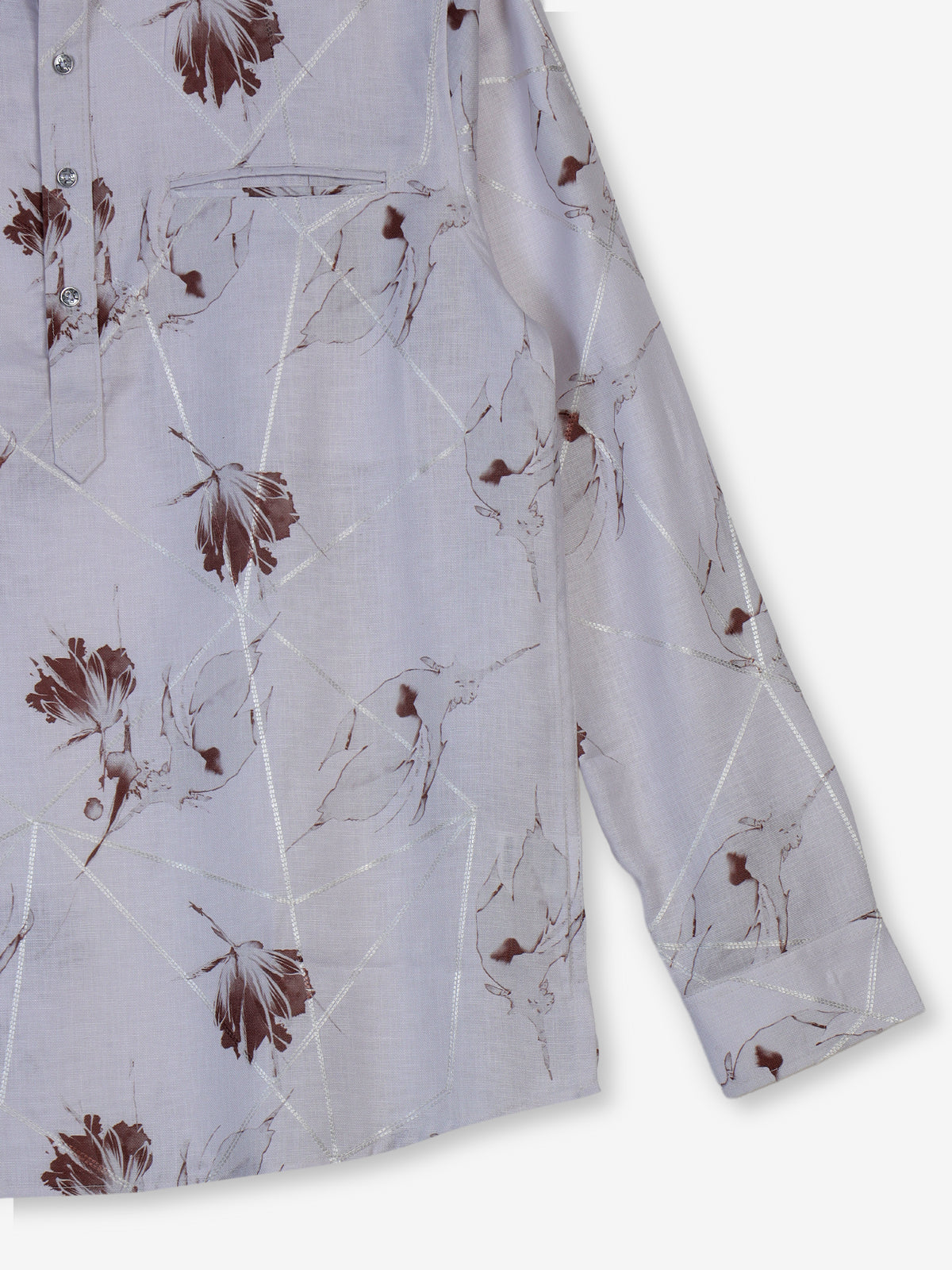 White cotton linen brown floral printed festive shirt style kurta for men
