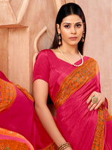 Rani pink printed contrast border and pallu crepe silk saree