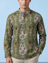 Pista green printed cotton silk festive shirt style kurta for men