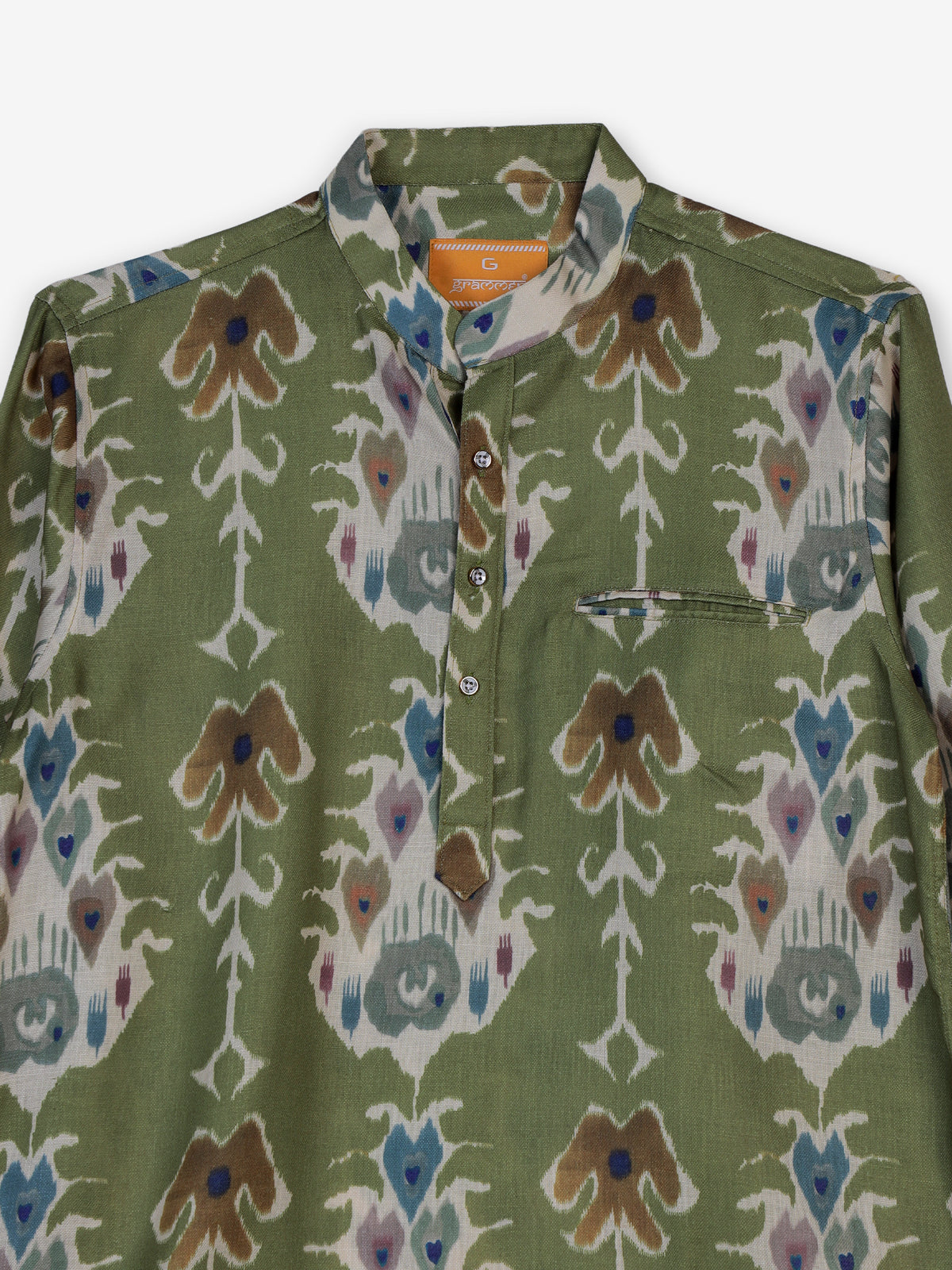 Pista green printed cotton silk festive shirt style kurta for men