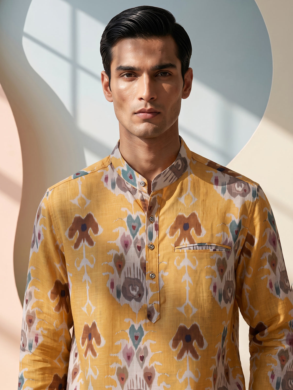 Orange printed cotton silk festive shirt style kurta for men