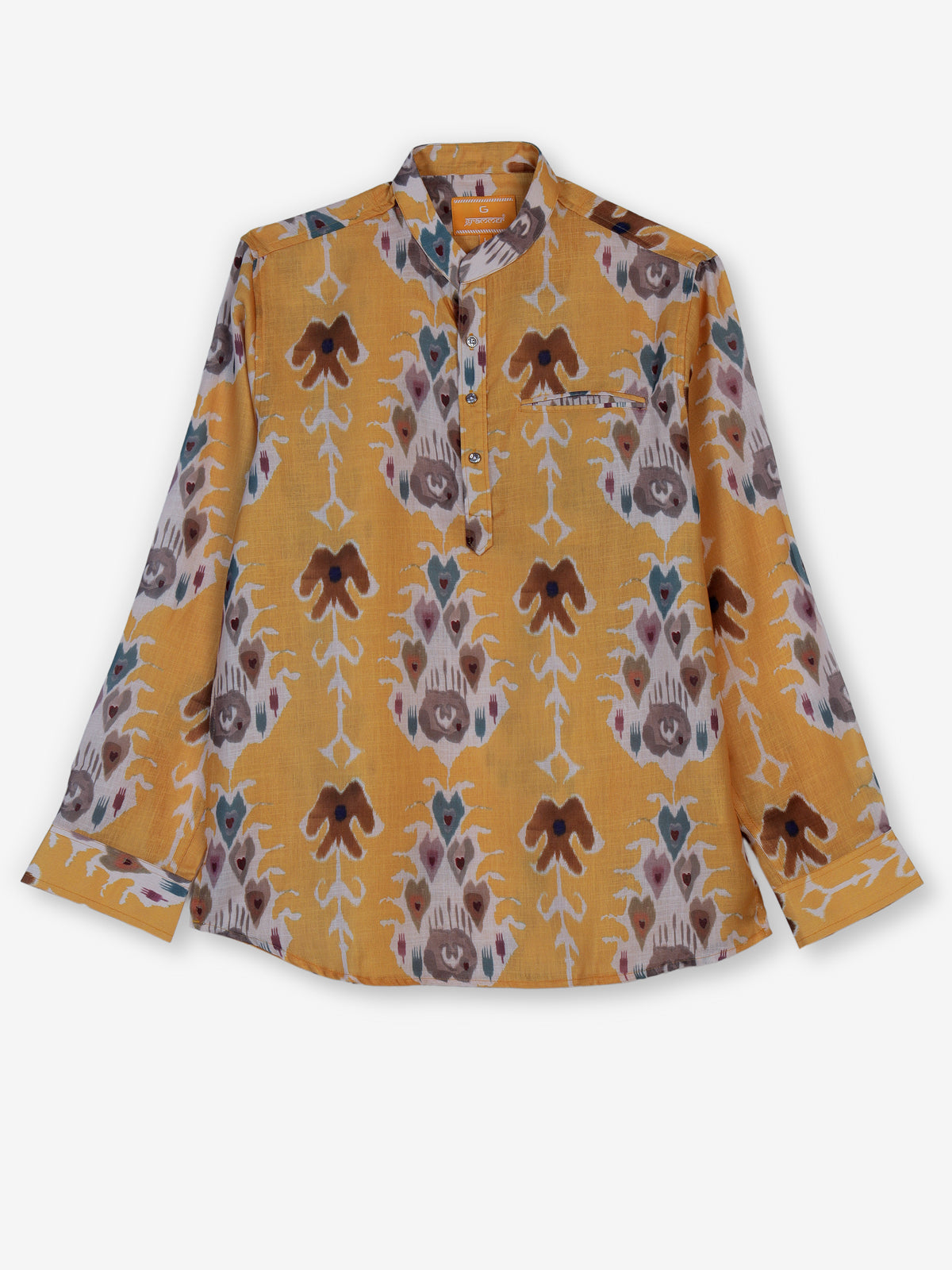 Orange printed cotton silk festive shirt style kurta for men