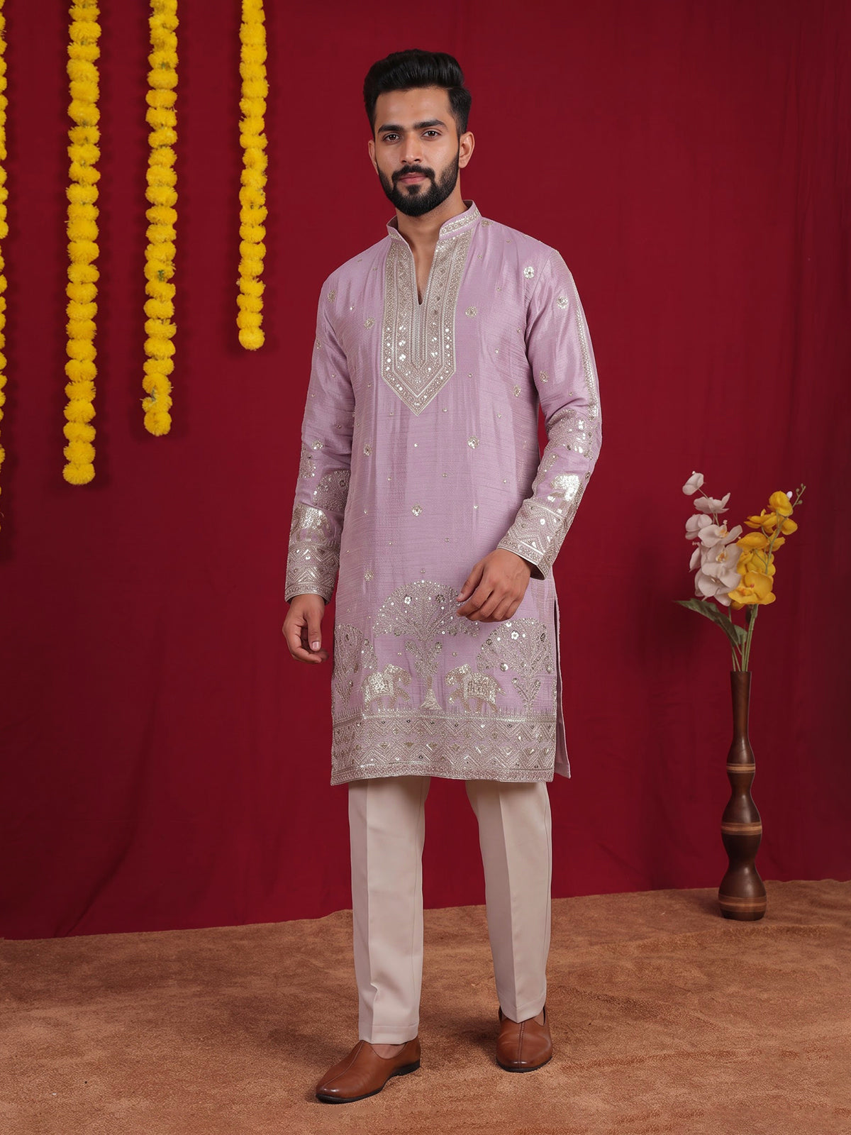 Purple heritage embroidered mens kurta pant