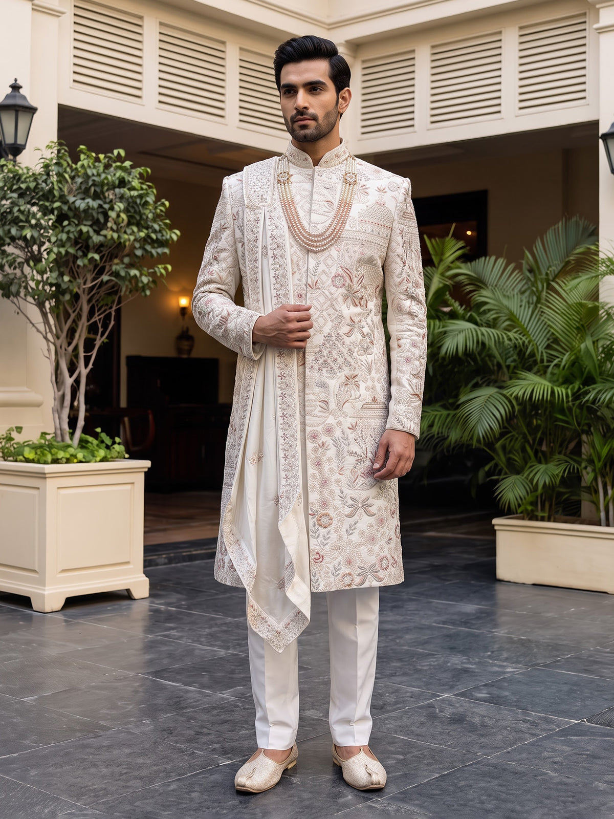 Off white regal groom sherwani with dupatta
