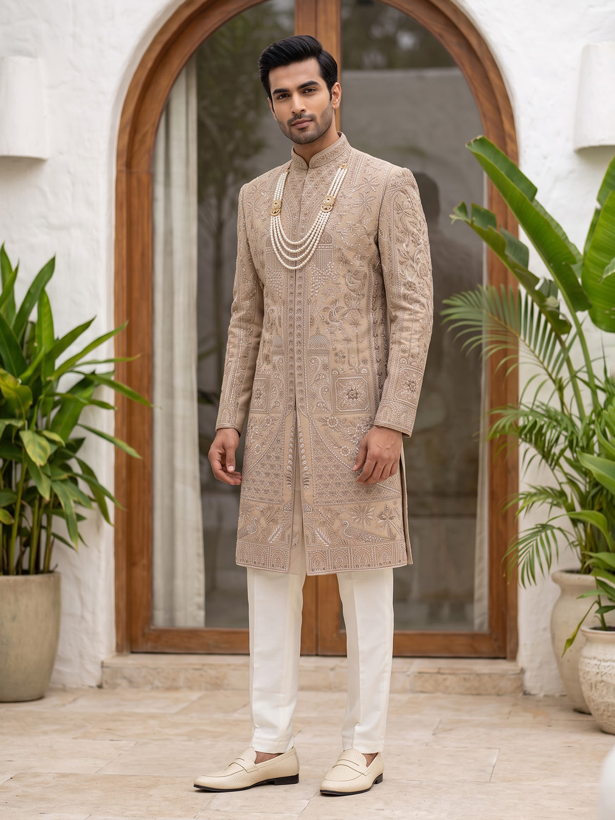 Beige royal embroidered mens wedding sherwani