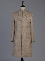 Beige royal embroidered mens wedding sherwani