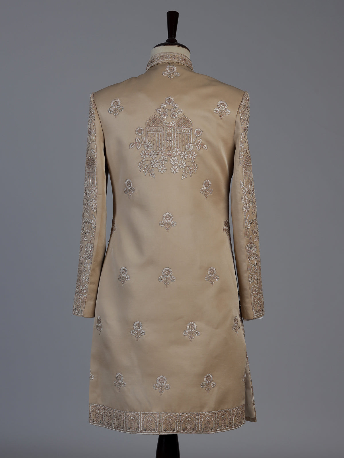 Beige royal embroidered mens wedding sherwani