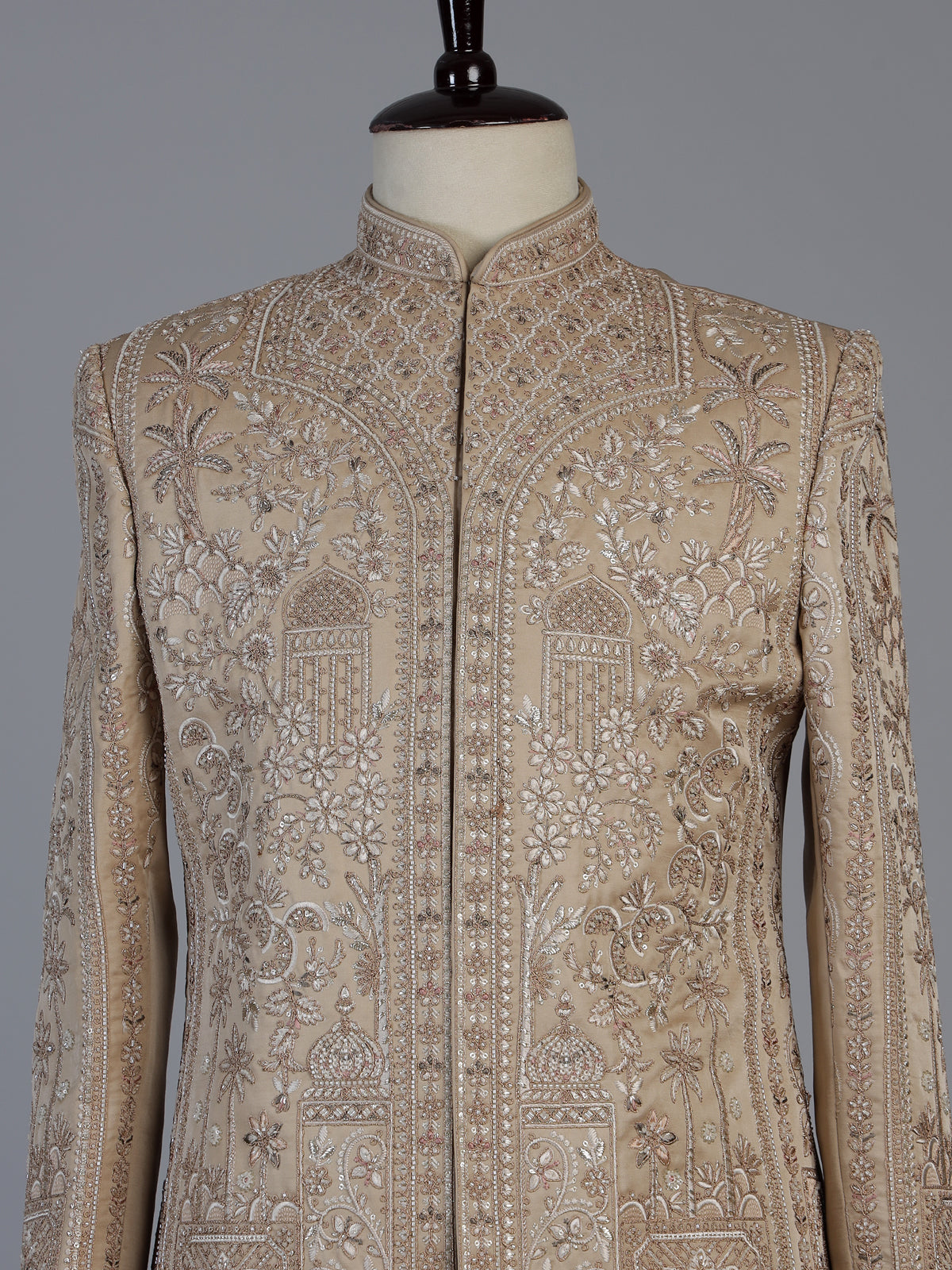 Beige royal embroidered mens wedding sherwani