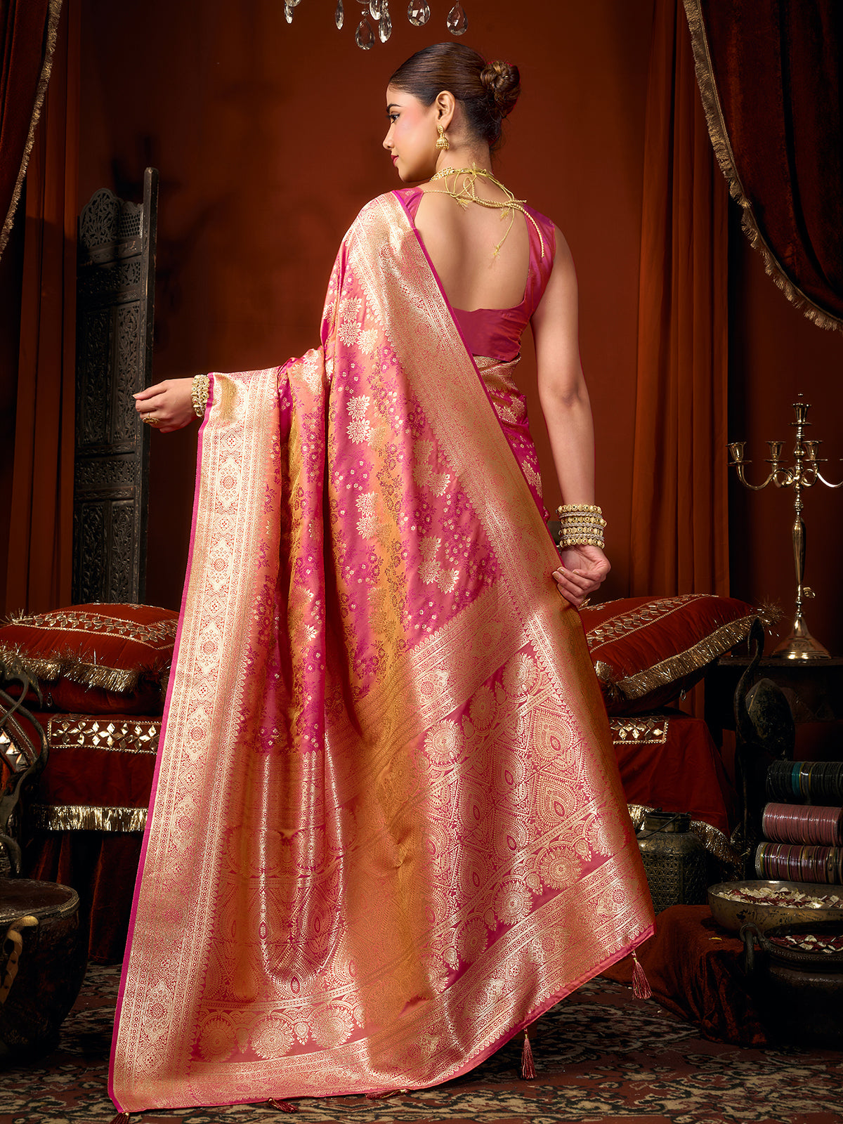 Pink majestic zari silk saree