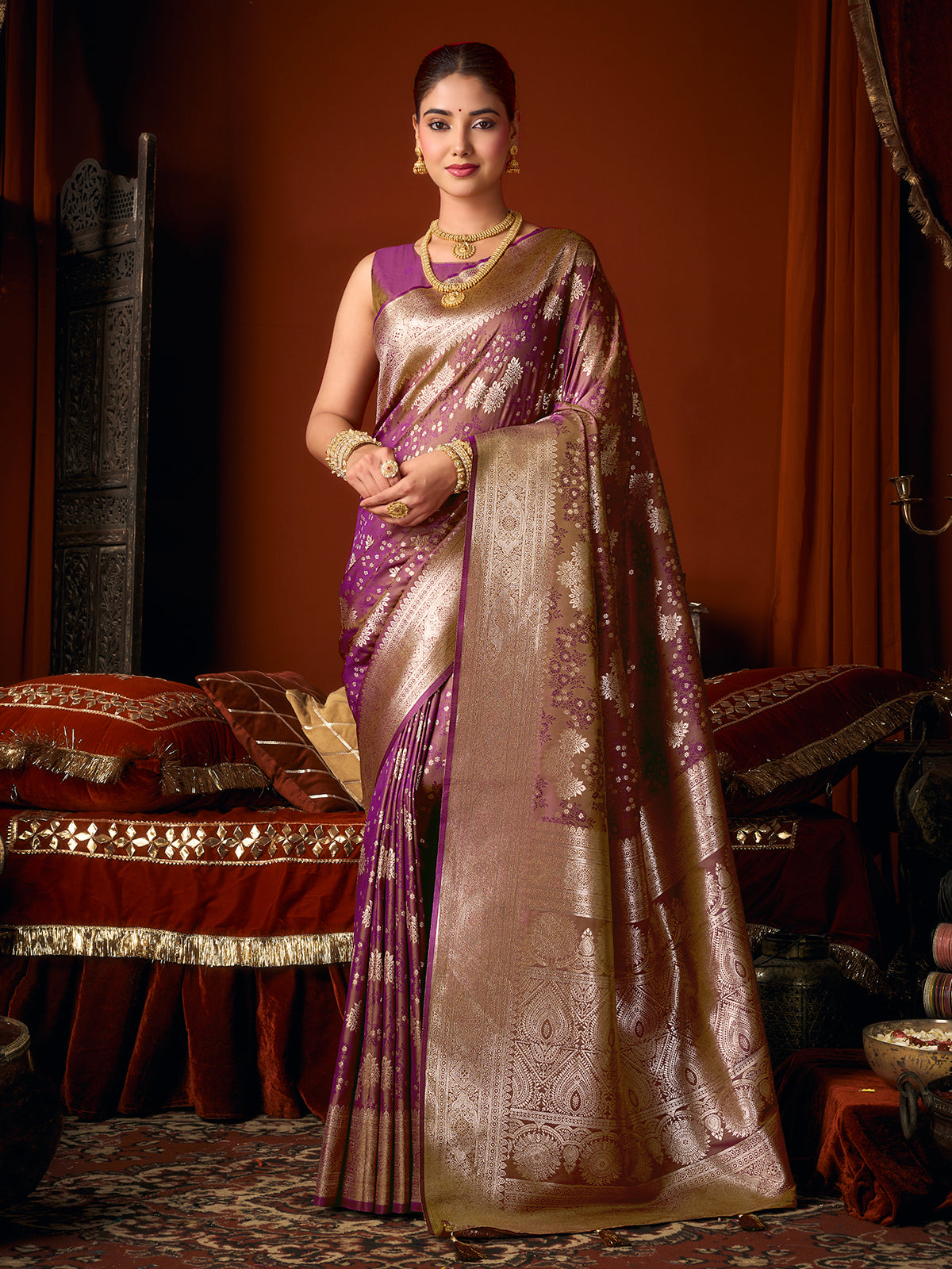 Deep purple royal banarasi soft silk saree