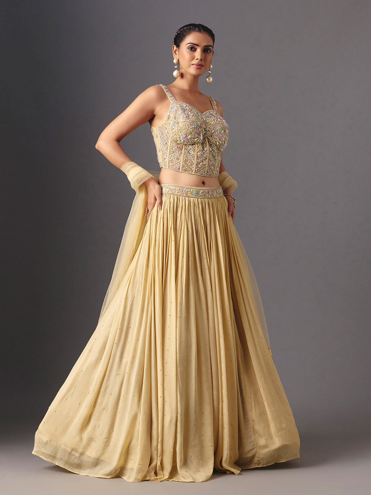 Beige chiffon georgette designer lehenga choli with dupatta style