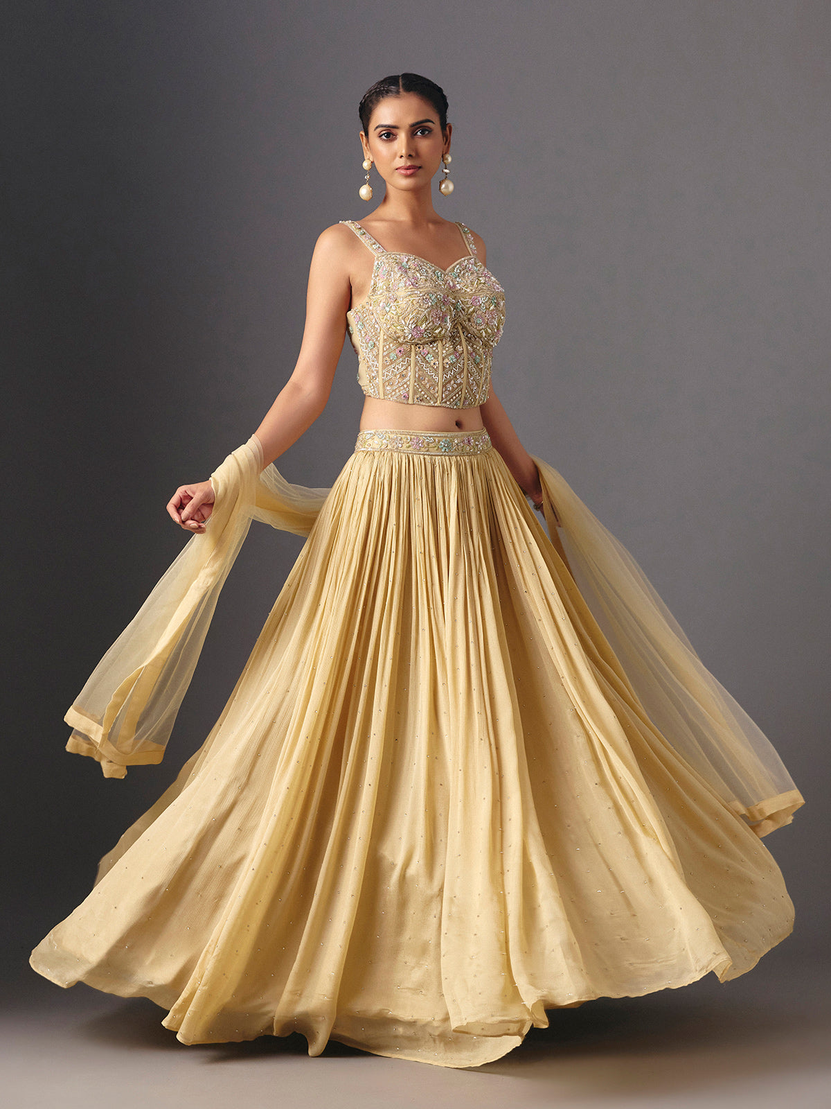 Beige chiffon georgette designer lehenga choli with dupatta style