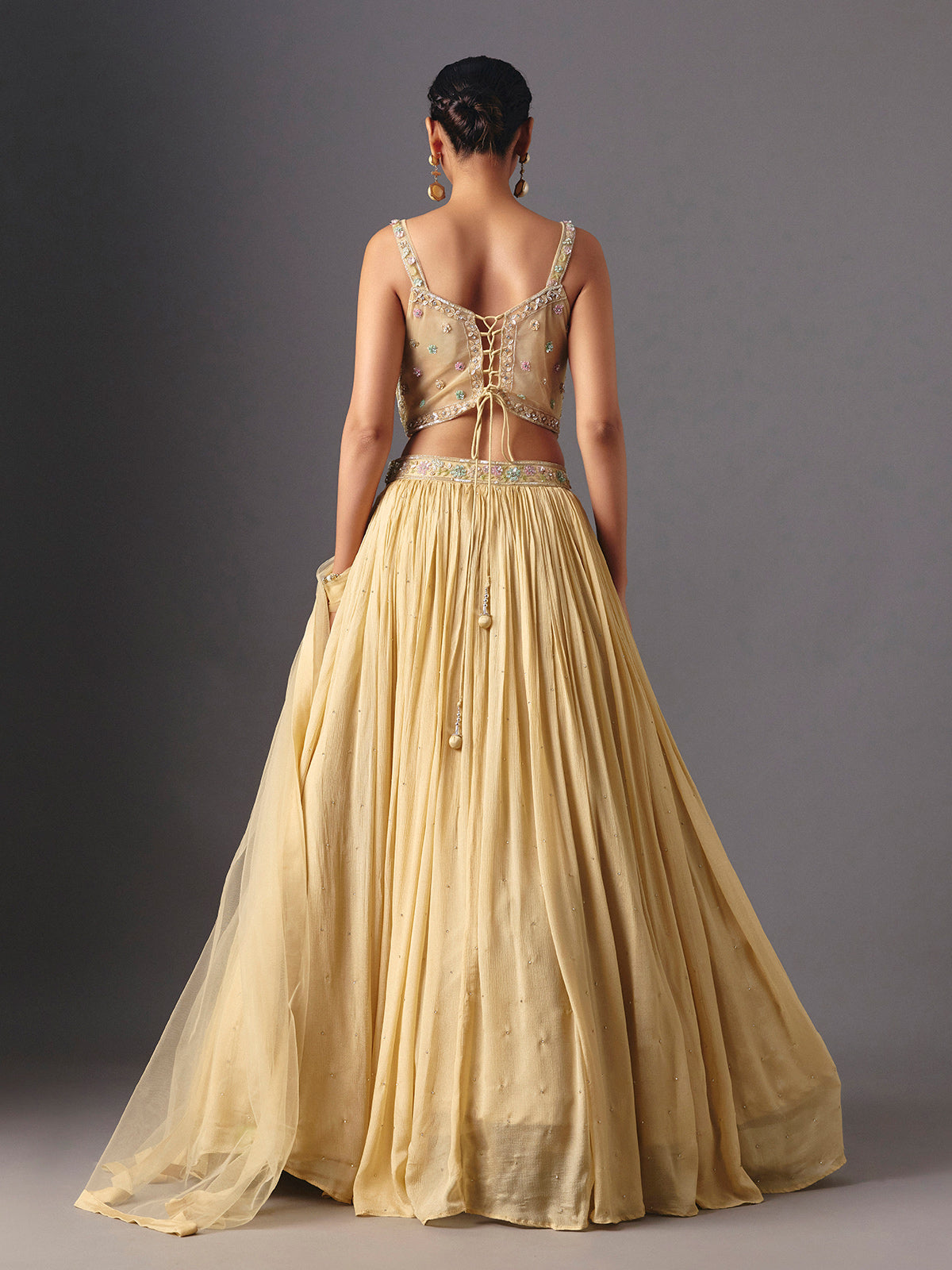 Beige chiffon georgette designer lehenga choli with dupatta style