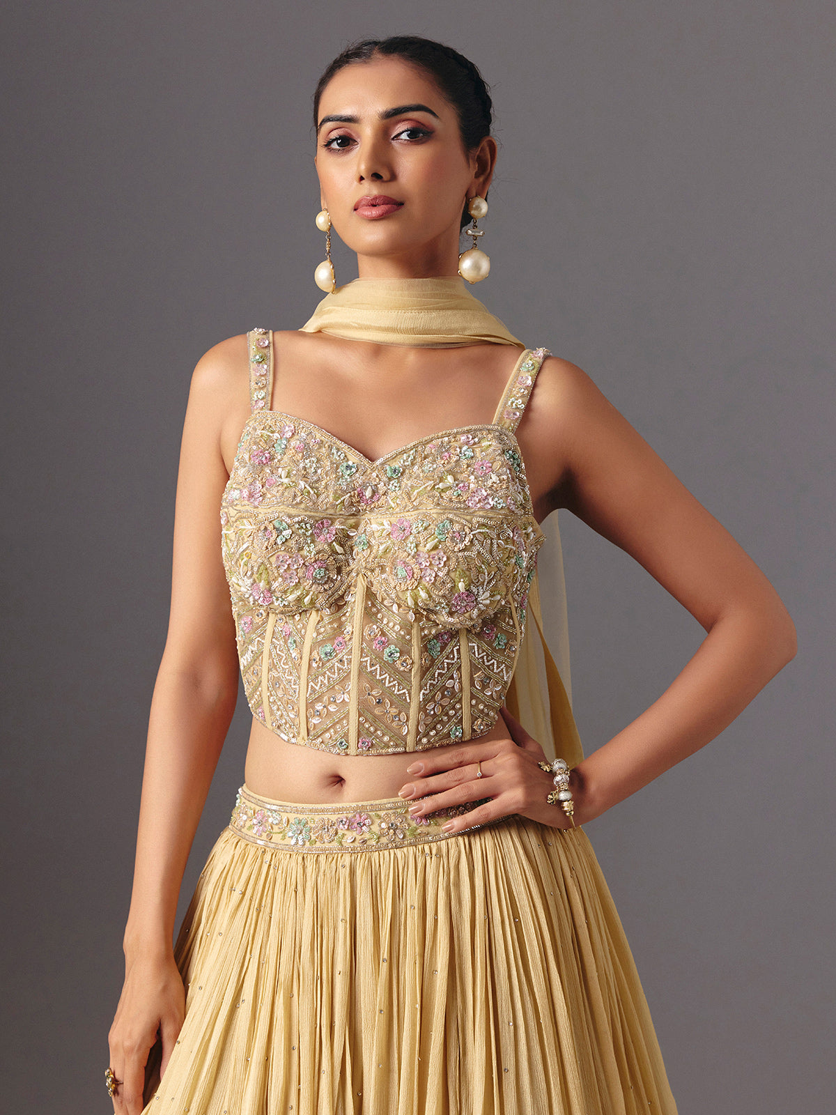 Beige chiffon georgette designer lehenga choli with dupatta style