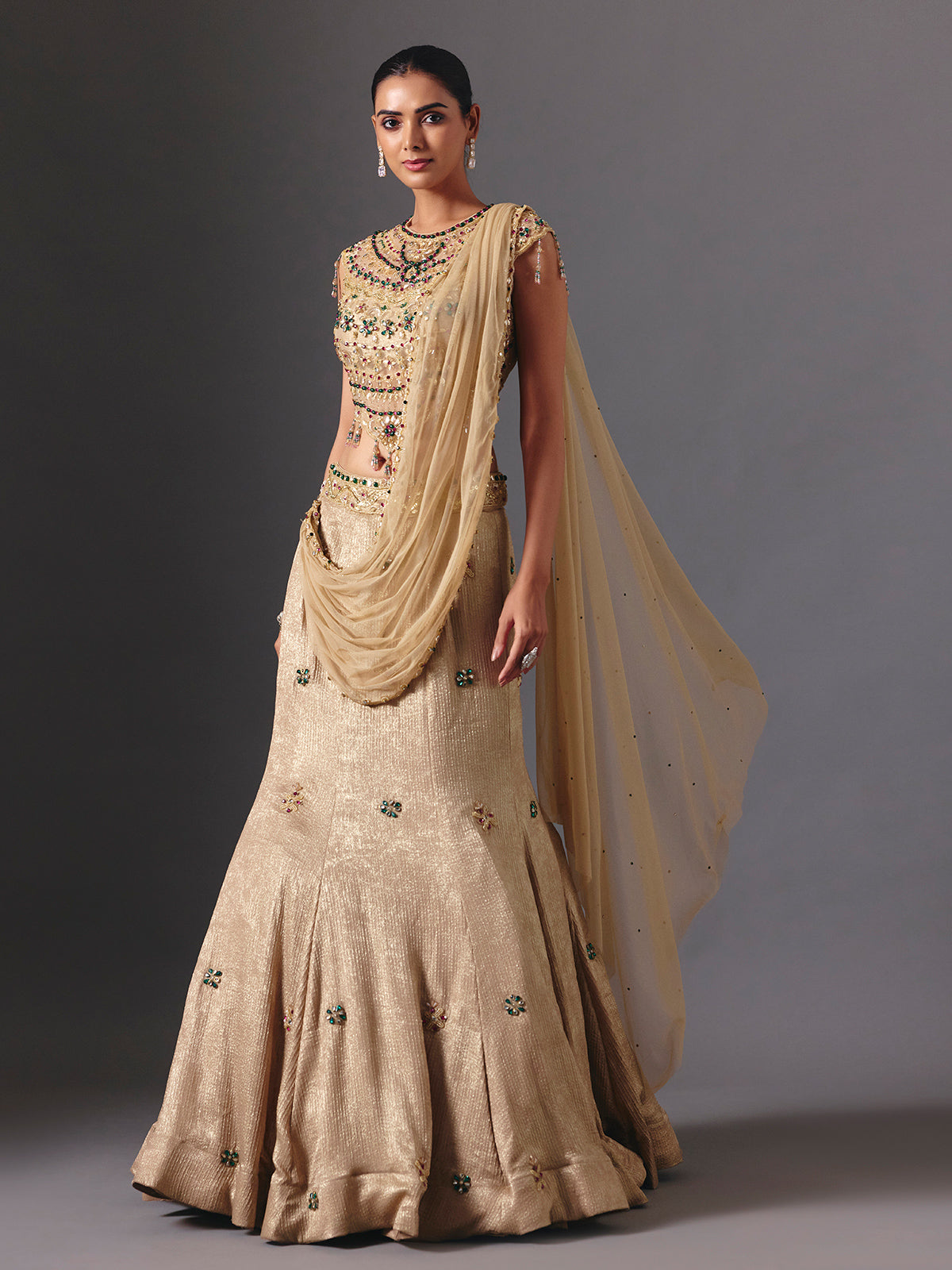Beige designer silk lehenga choli with attached dupatta