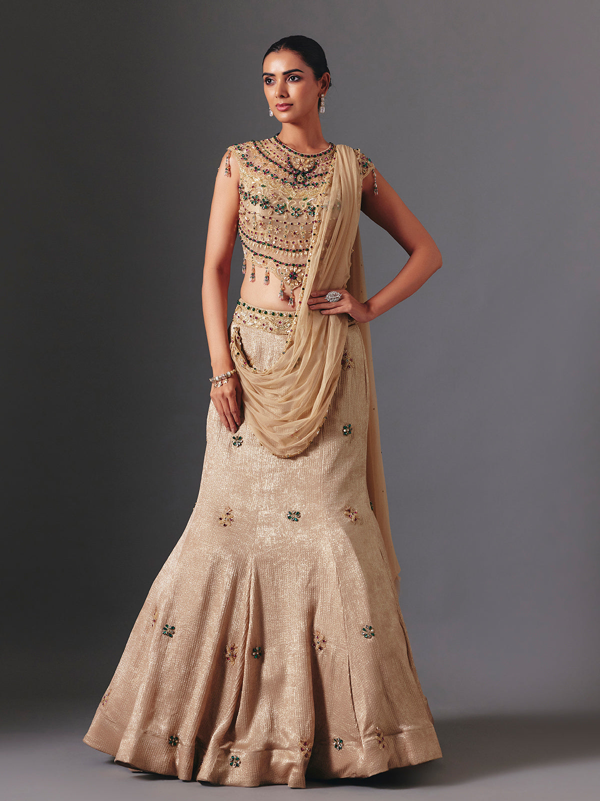 Beige designer silk lehenga choli with attached dupatta