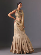 Beige designer silk lehenga choli with attached dupatta