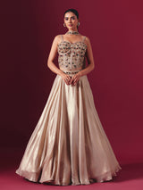 Pastel beige satin silk designer lehenga choli with dupatta