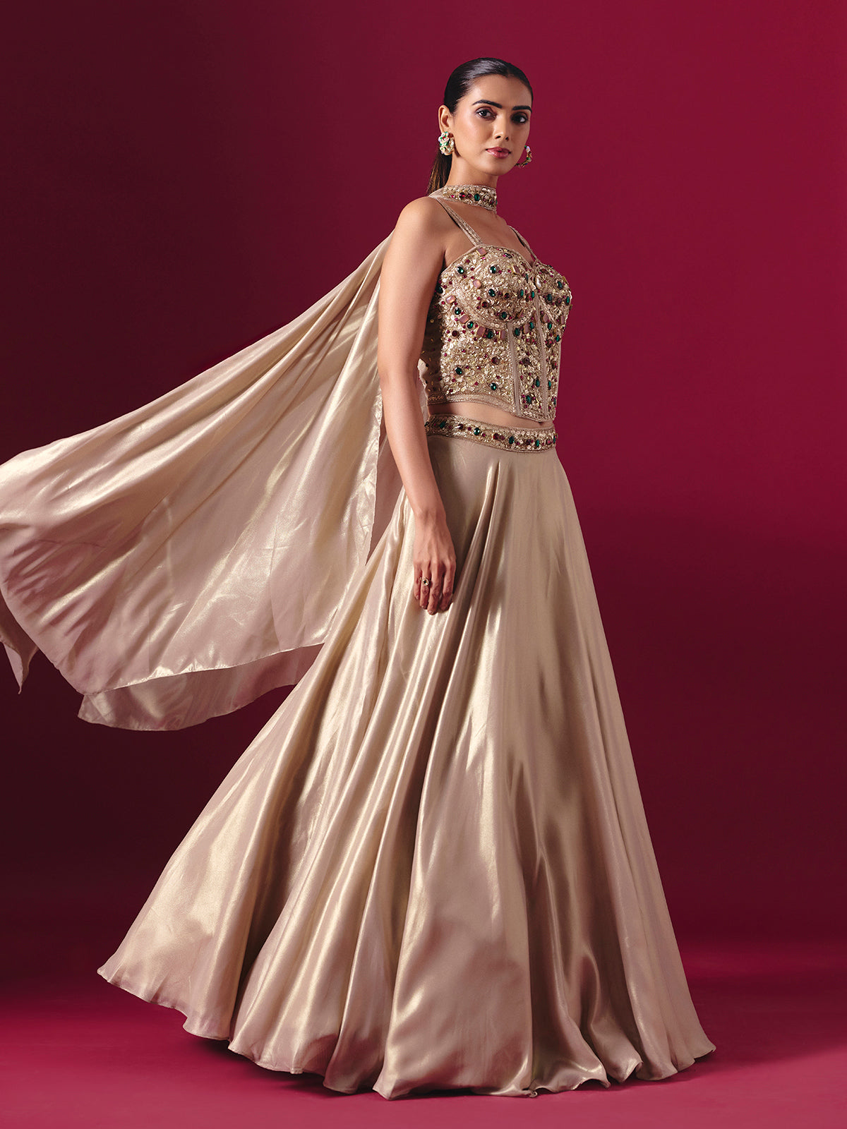 Pastel beige satin silk designer lehenga choli with dupatta