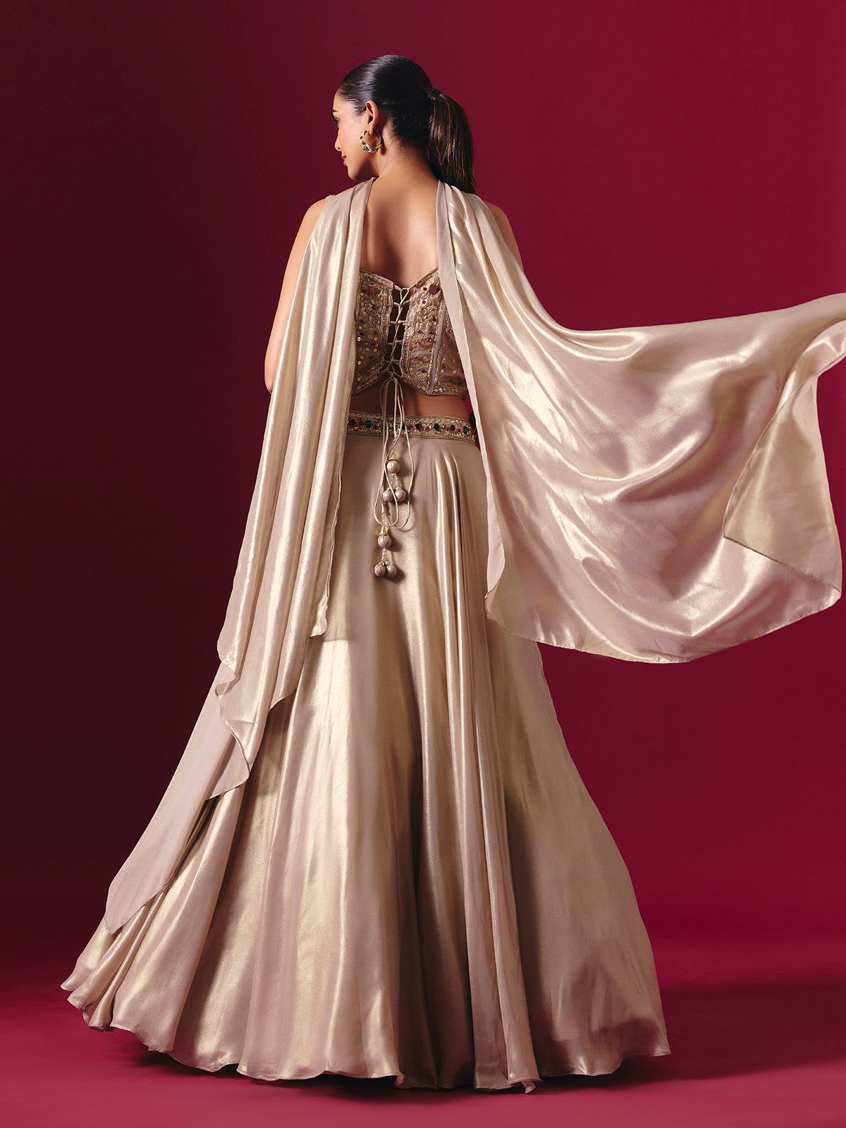 Pastel beige satin silk designer lehenga choli with dupatta