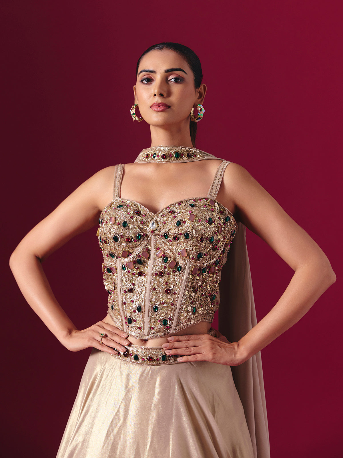Pastel beige satin silk designer lehenga choli with dupatta